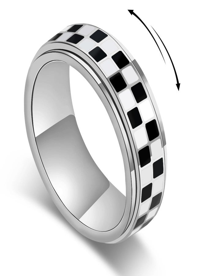 SYDNFZY Checkerboard Fidget Ring for Men - 8mm Black and White Checkered Anxiety Spinner Jewelry for Adults, Stainless Steel Roating Ring for Stress Relief, Modern Jewelry Gift for Men Women (Silver, 10) - Image 1
